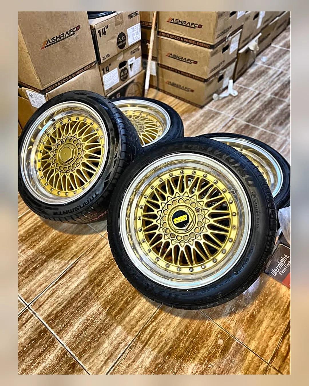 طقم جنوط BBS ذهبي 17 بوصة 4×100/114 8.5J بالكاوتش — جديد